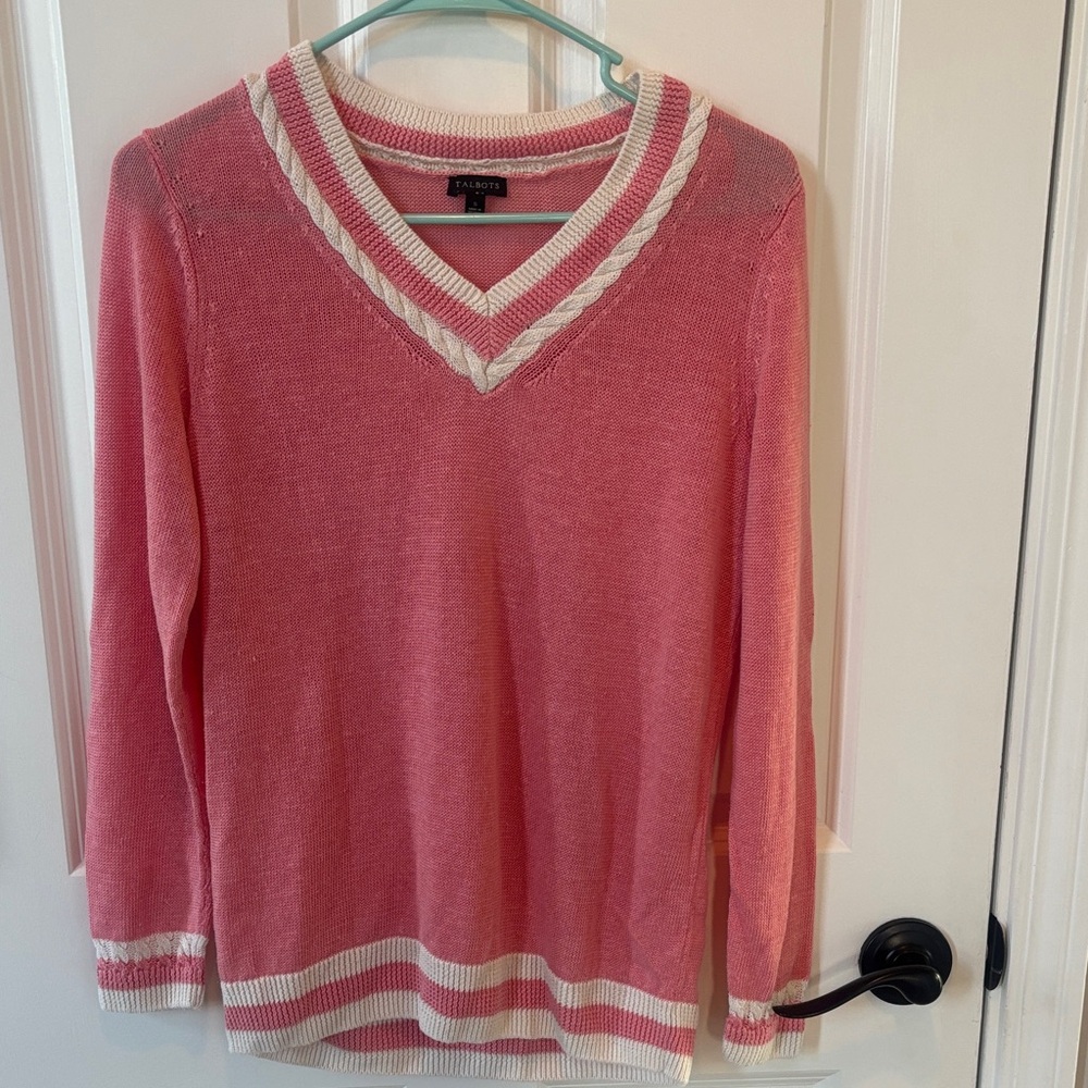 Talbots Coral V-Neck Sweater with White Trim